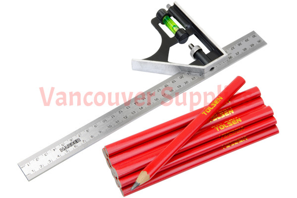 Stainless Steel Metric Combination Square Vial Ruler Pack 12pc Pencils