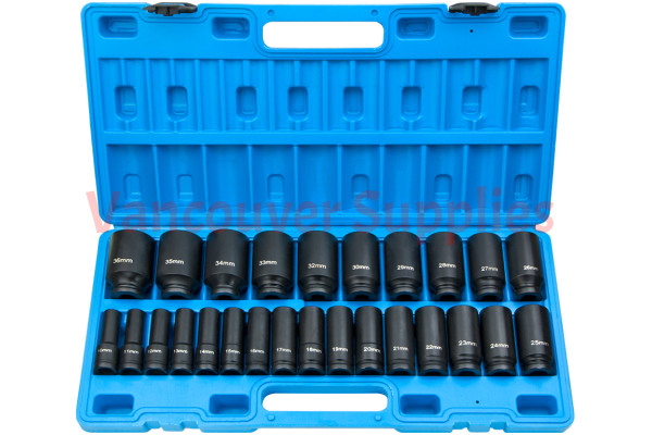26pcs 1/2inch Drive Deep Long Impact Wrench Socket 10-36mm Metric Set