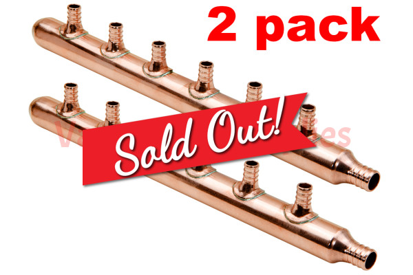 2 Pack 3/4in Inlet 1/2in PEX Water Outlet 6 Ports Closed End Manifold